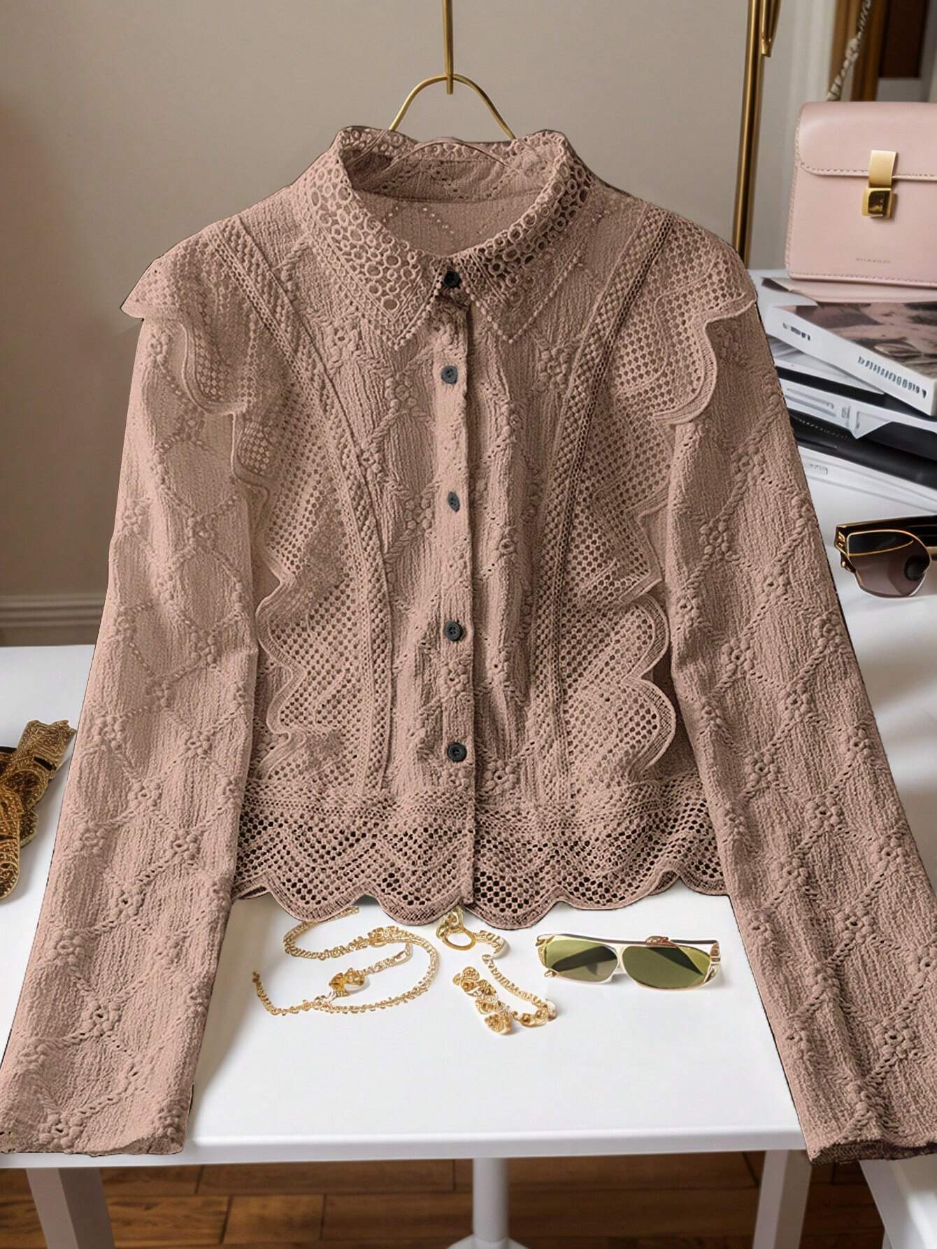 Women's Lace Trim French Collar Button Front Long Sleeve Blouse shein