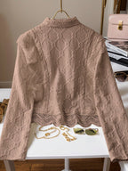 Women's Lace Trim French Collar Button Front Long Sleeve Blouse shein