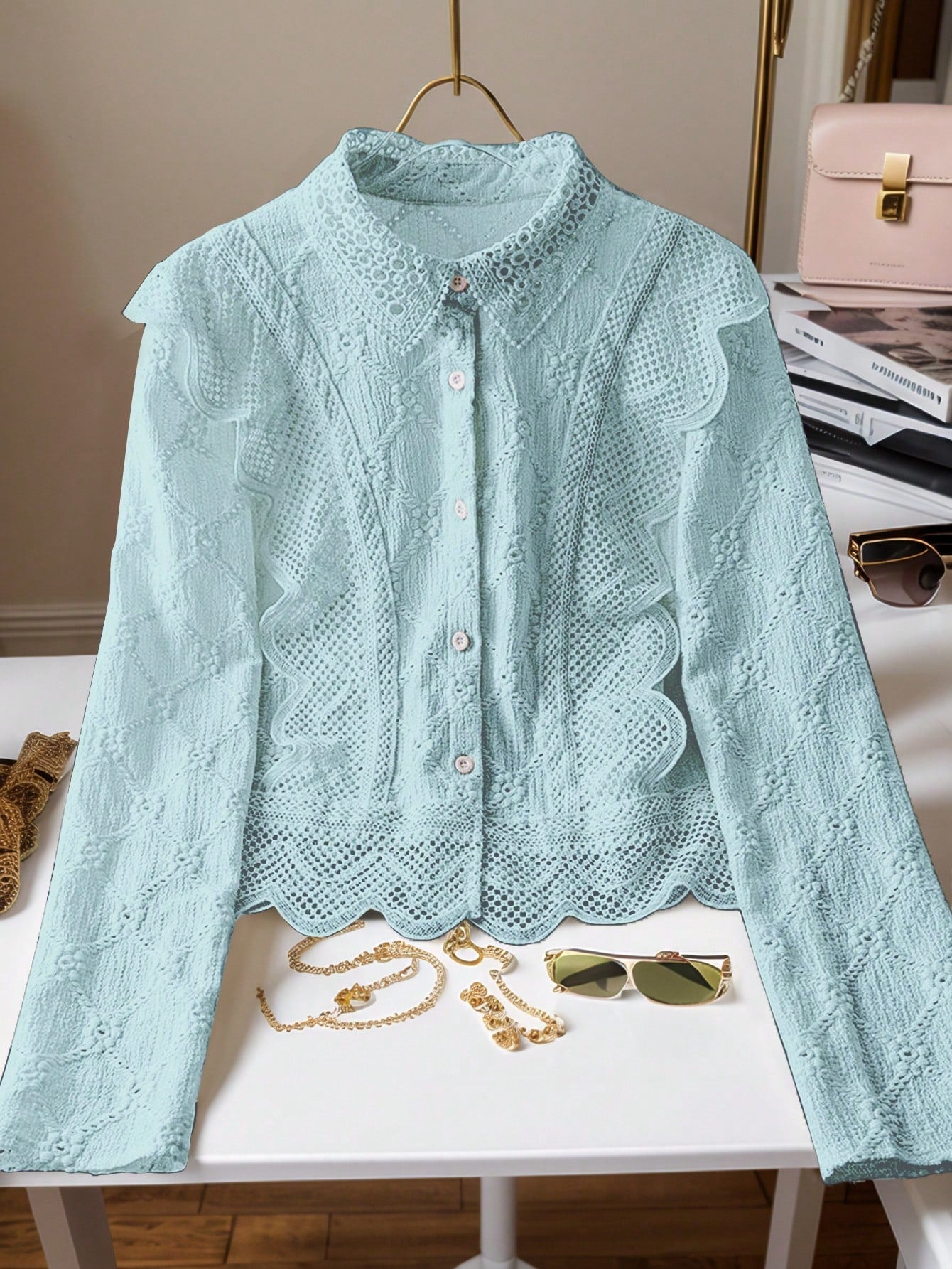 Women's Lace Trim French Collar Button Front Long Sleeve Blouse shein