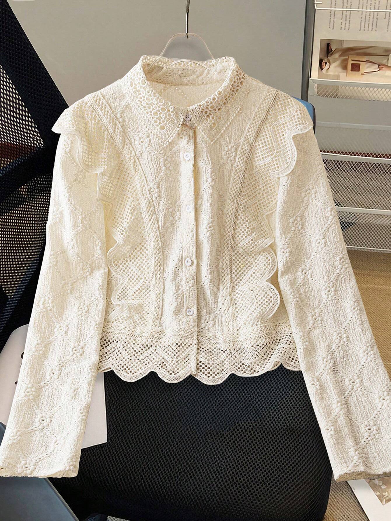 Women's Lace Trim French Collar Button Front Long Sleeve Blouse shein