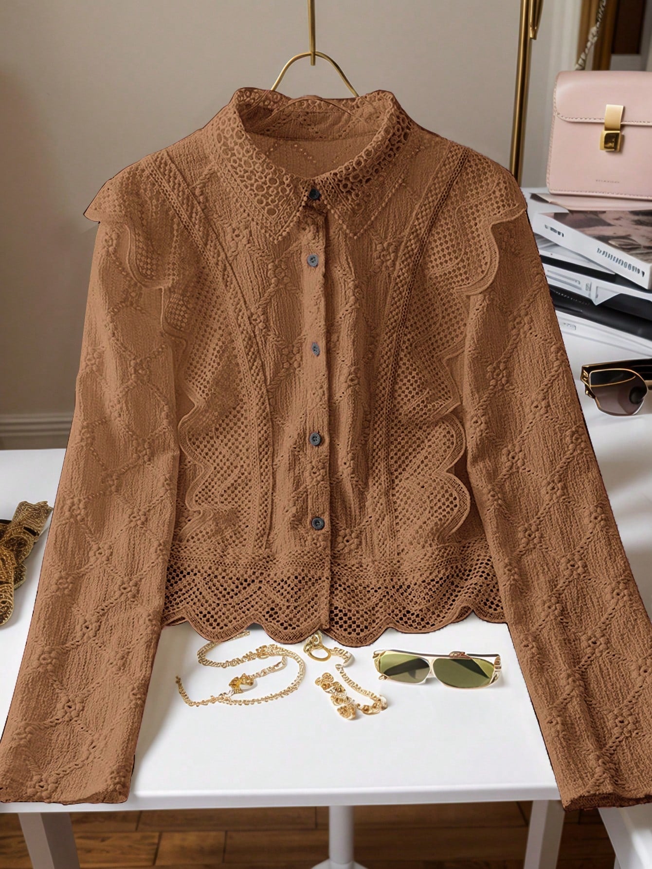 Women's Lace Trim French Collar Button Front Long Sleeve Blouse shein