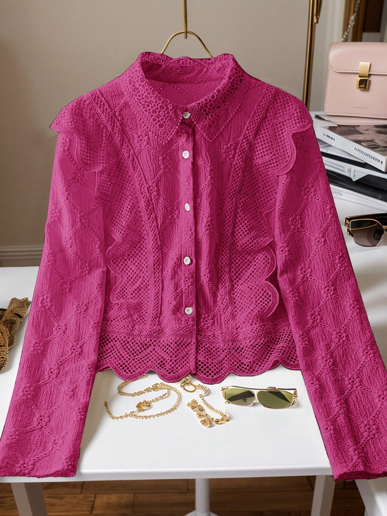 Women's Lace Trim French Collar Button Front Long Sleeve Blouse shein