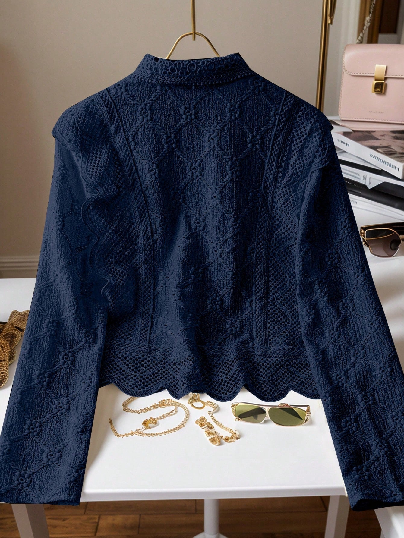 Women's Lace Trim French Collar Button Front Long Sleeve Blouse shein