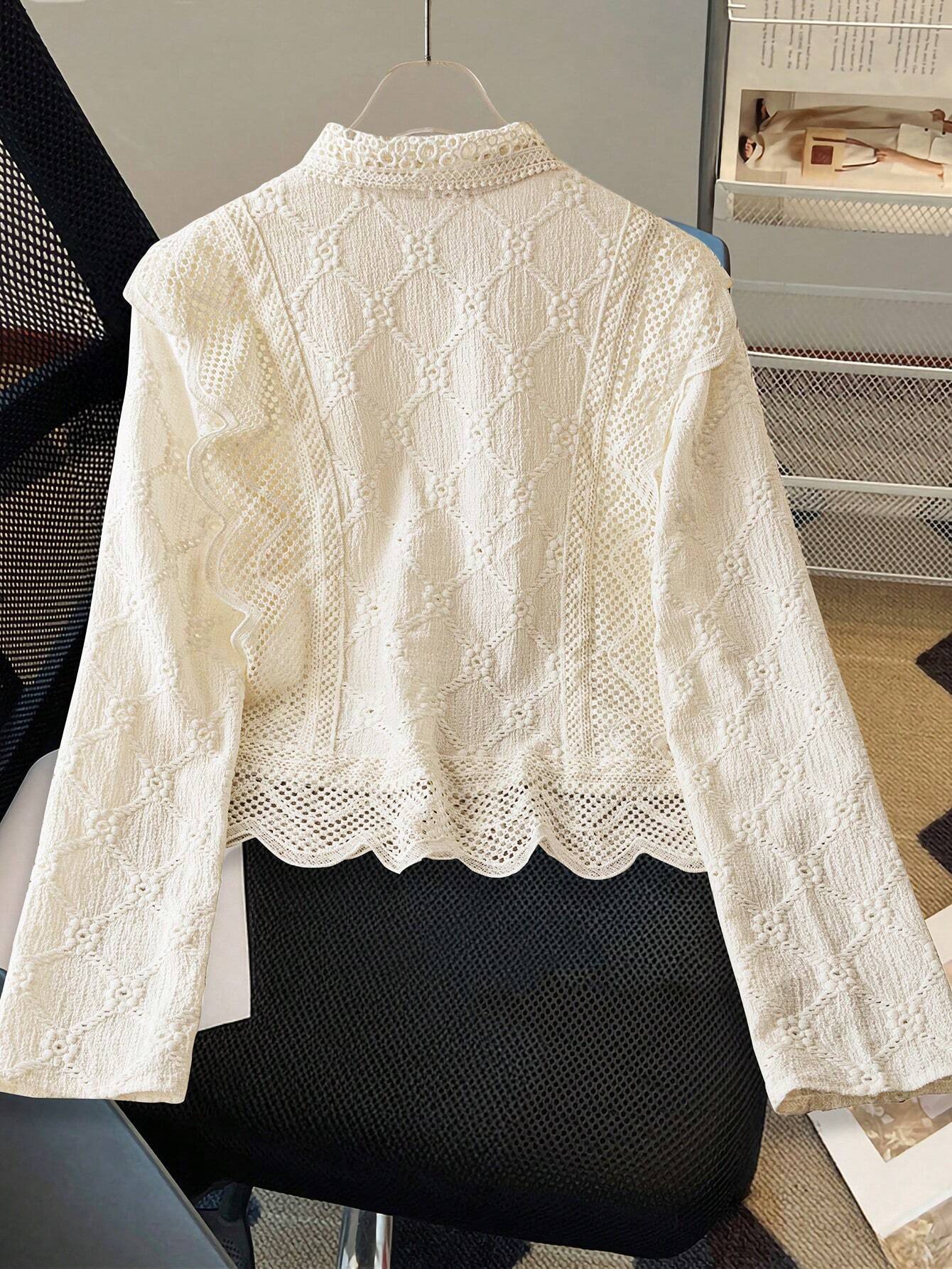 Women's Lace Trim French Collar Button Front Long Sleeve Blouse shein