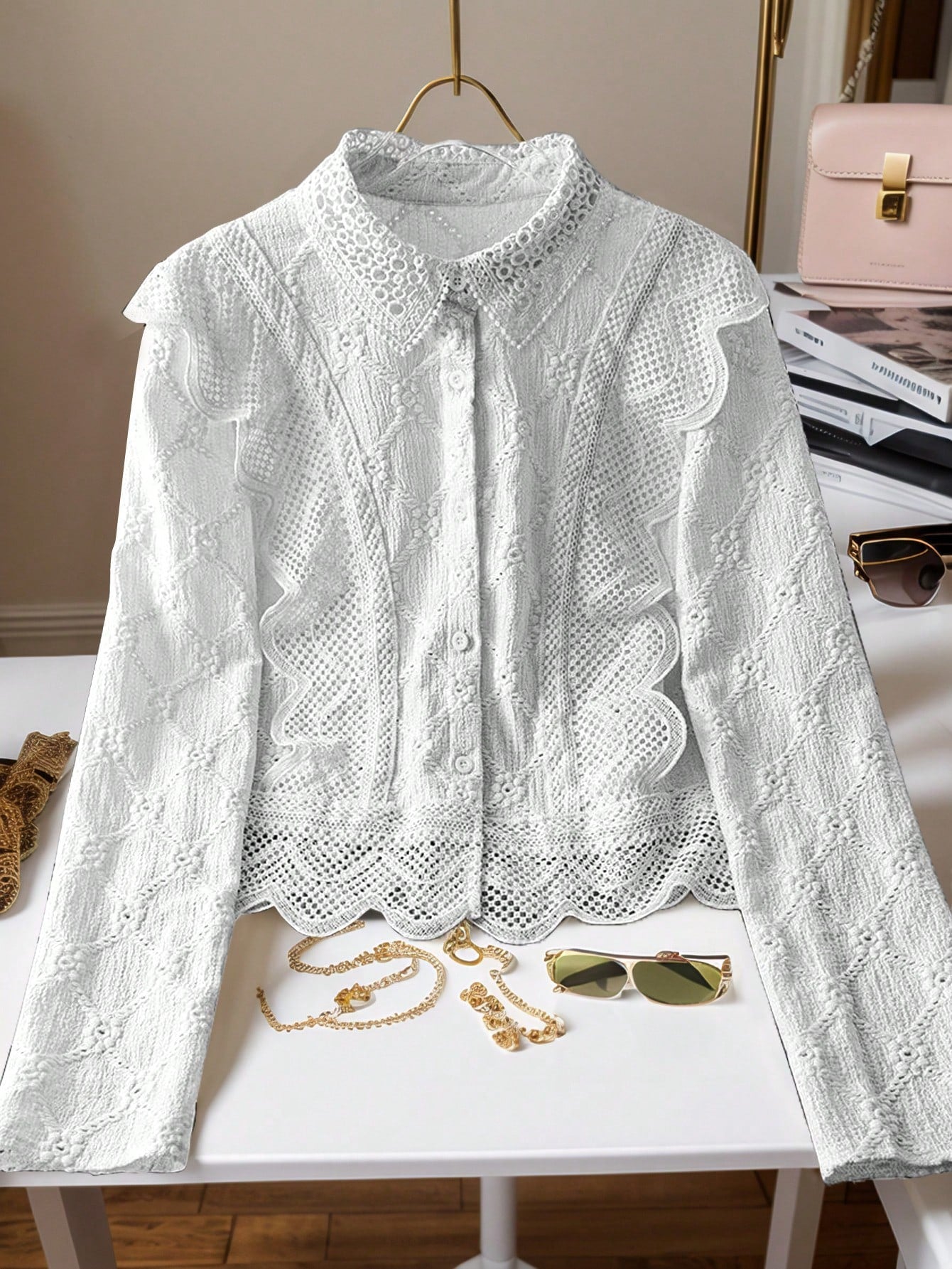 Women's Lace Trim French Collar Button Front Long Sleeve Blouse shein