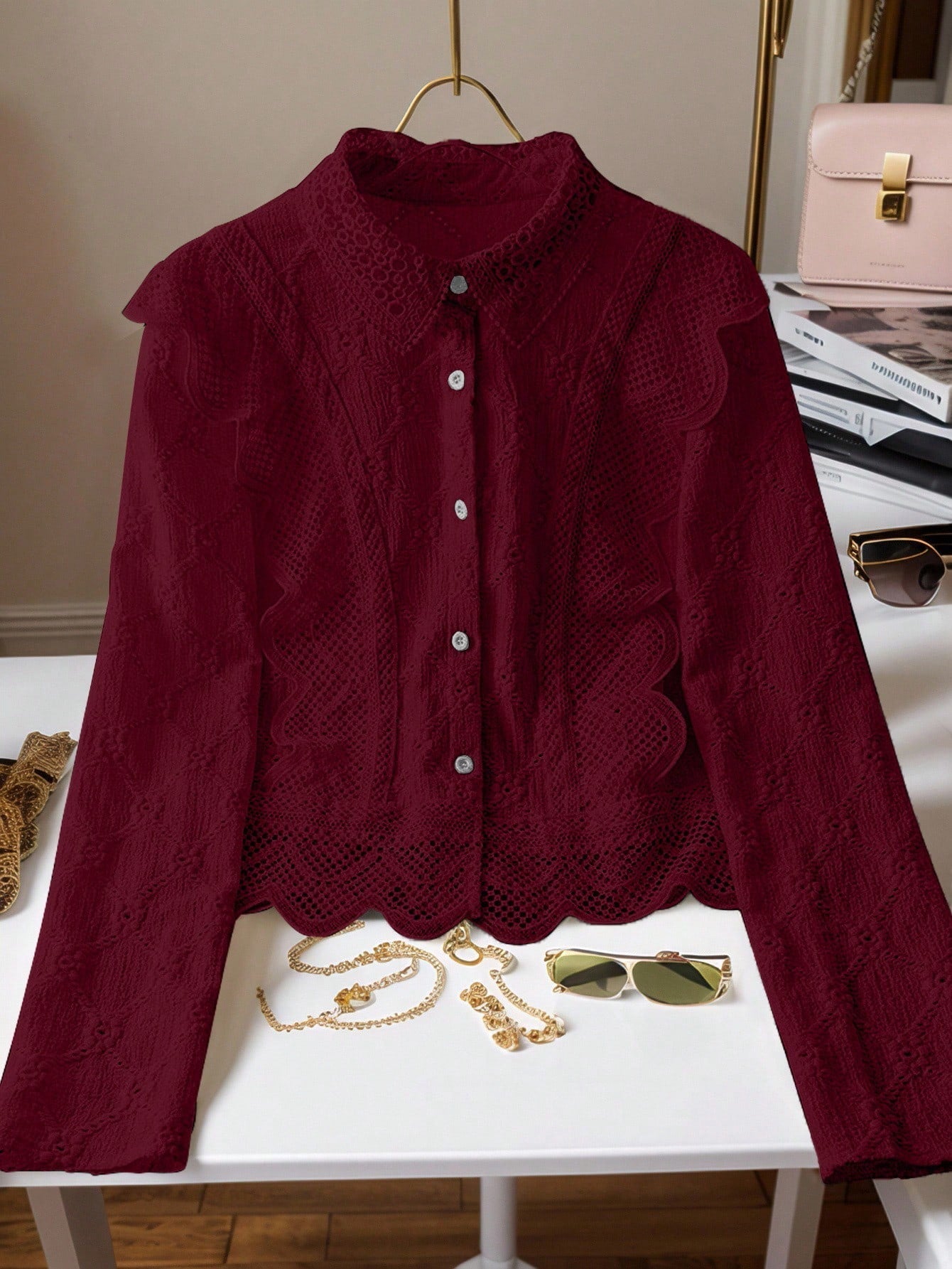 Women's Lace Trim French Collar Button Front Long Sleeve Blouse shein