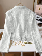 Women's Lace Trim French Collar Button Front Long Sleeve Blouse shein
