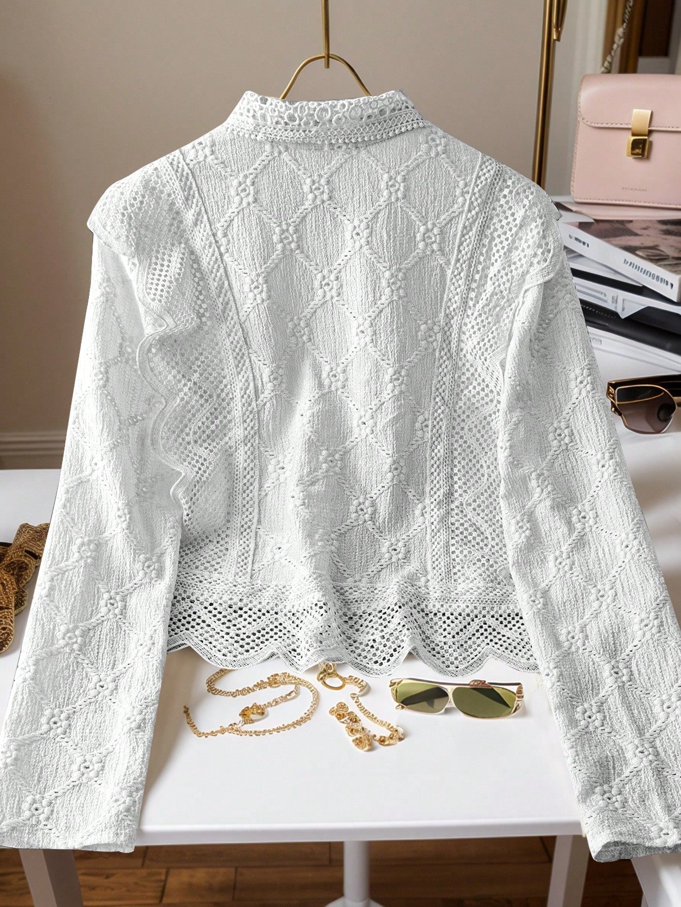 Women's Lace Trim French Collar Button Front Long Sleeve Blouse shein