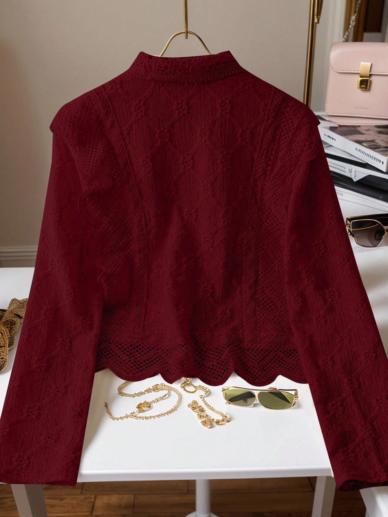 Women's Lace Trim French Collar Button Front Long Sleeve Blouse shein