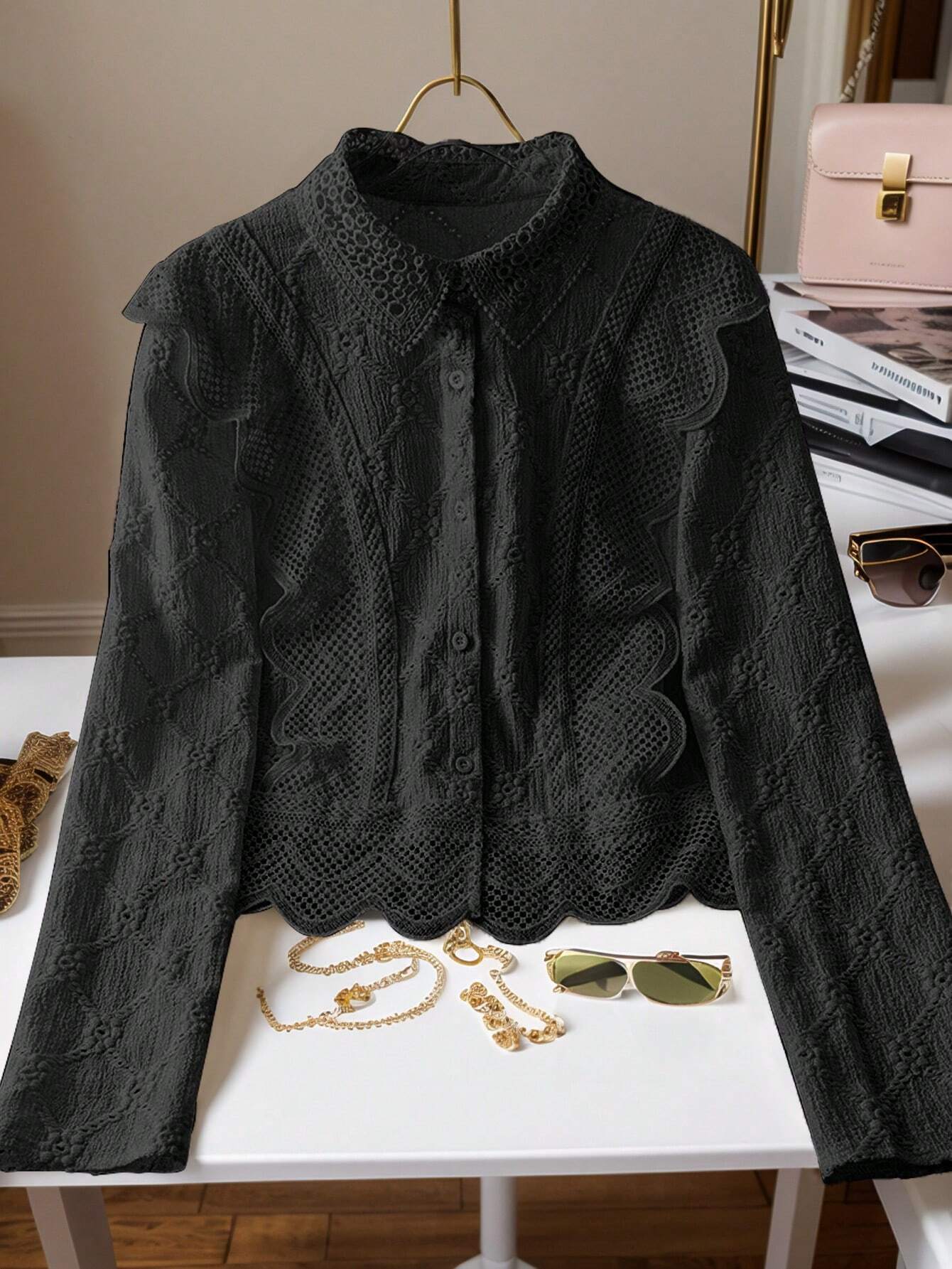 Women's Lace Trim French Collar Button Front Long Sleeve Blouse shein