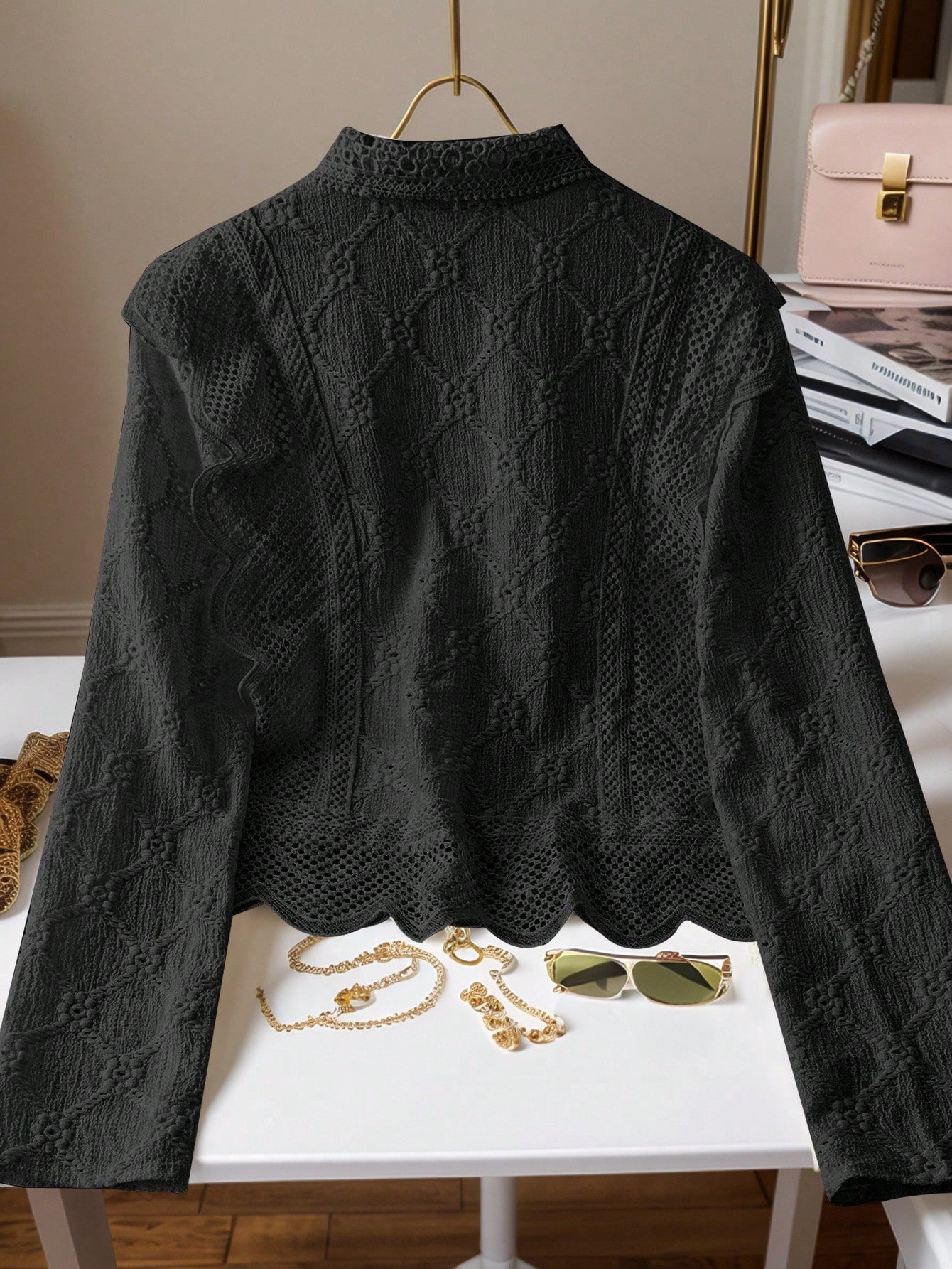 Women's Lace Trim French Collar Button Front Long Sleeve Blouse shein