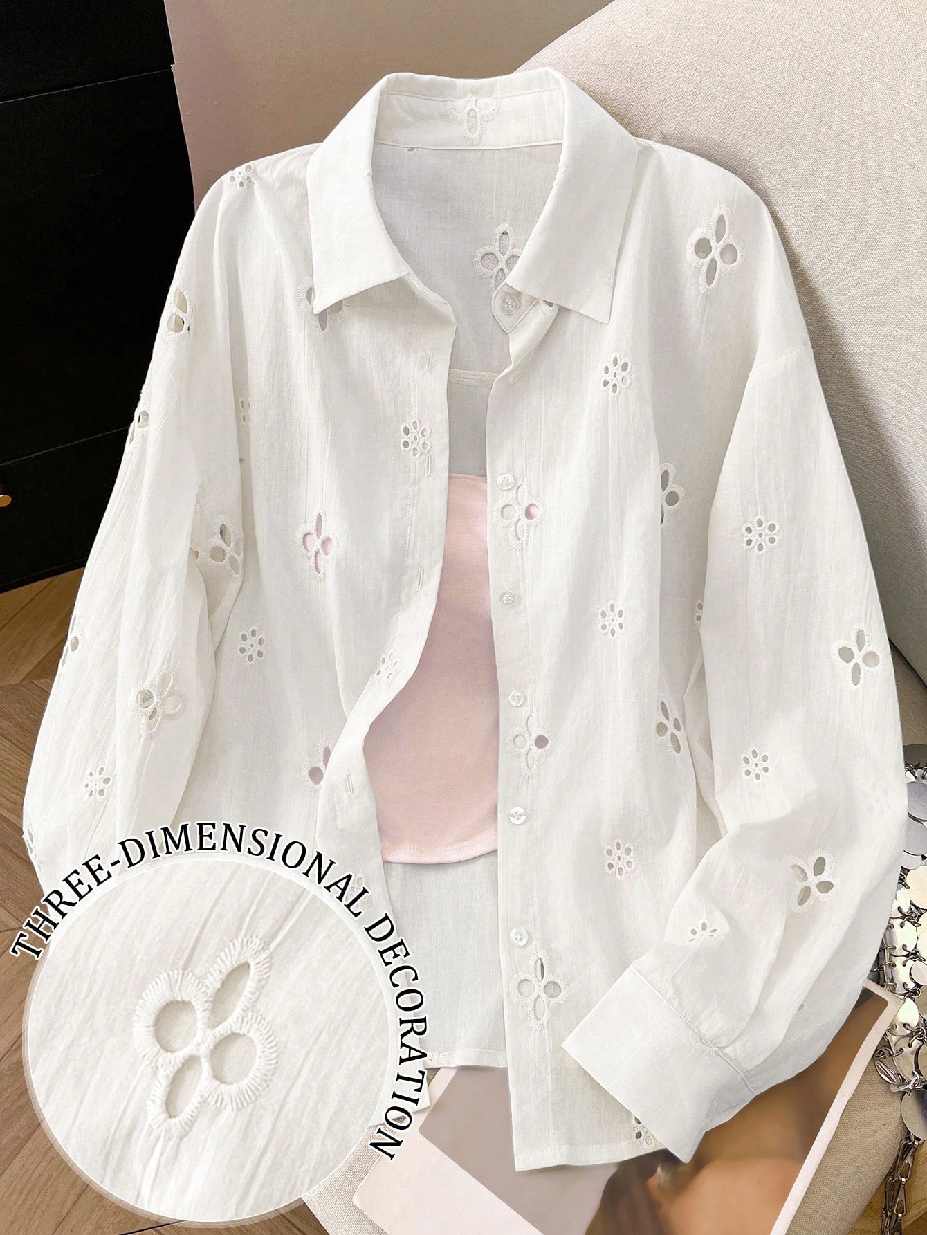 Women's Solid Color Minimalist Casual Hollow Long Sleeve Shirt shein