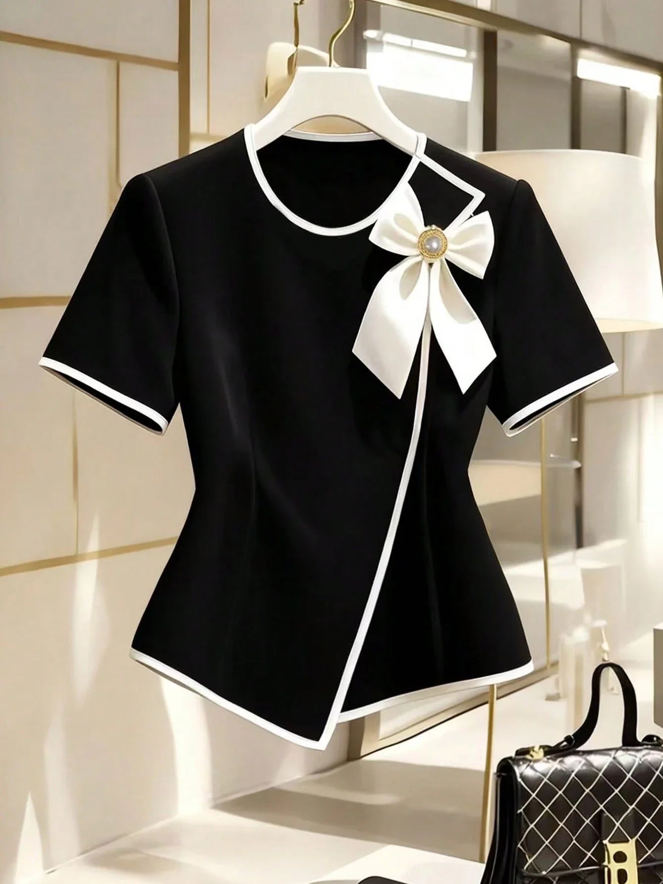 Women's New Elegant Bow Collar Short Sleeve Blouse shein
