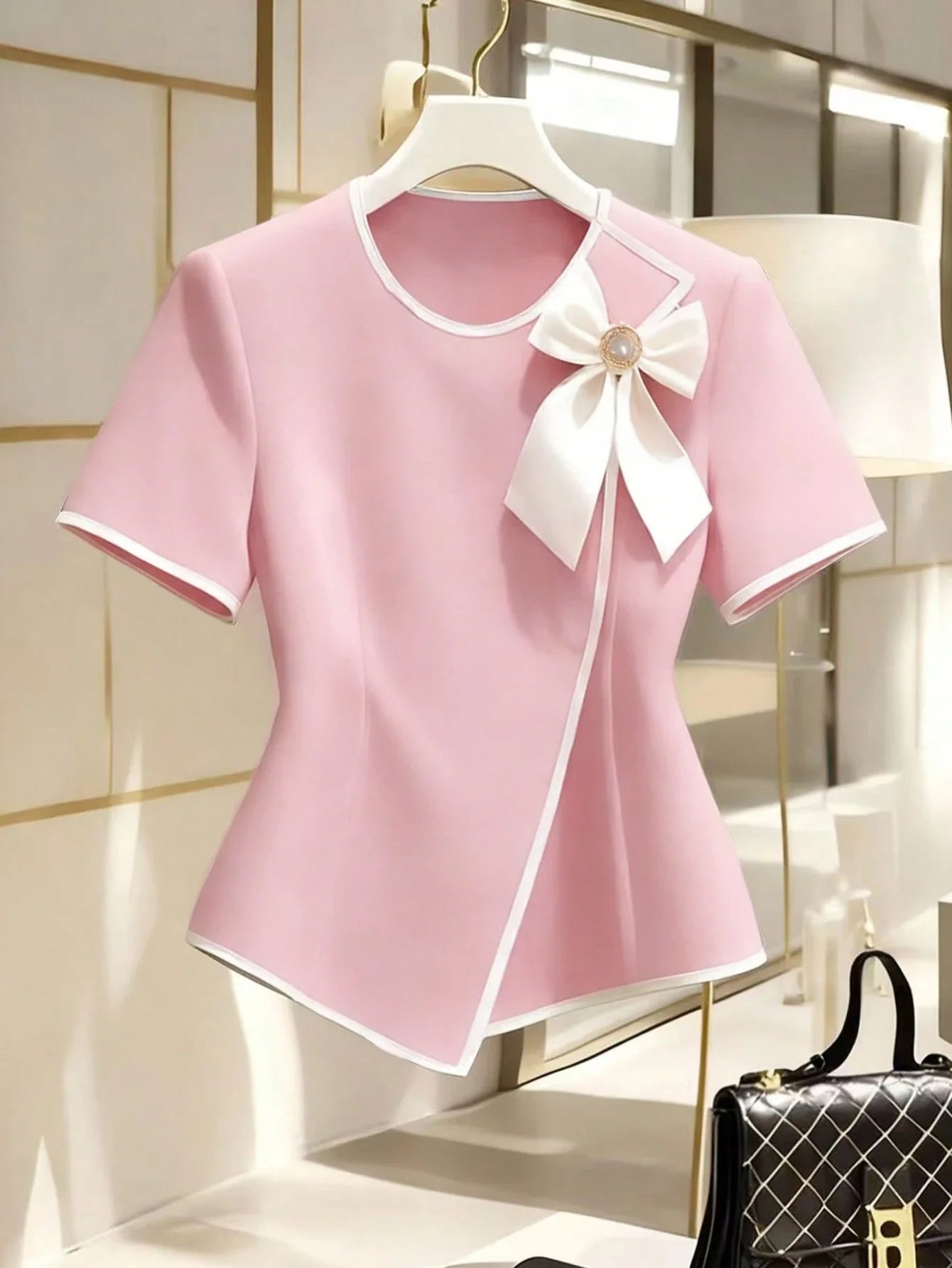 Women's New Elegant Bow Collar Short Sleeve Blouse shein