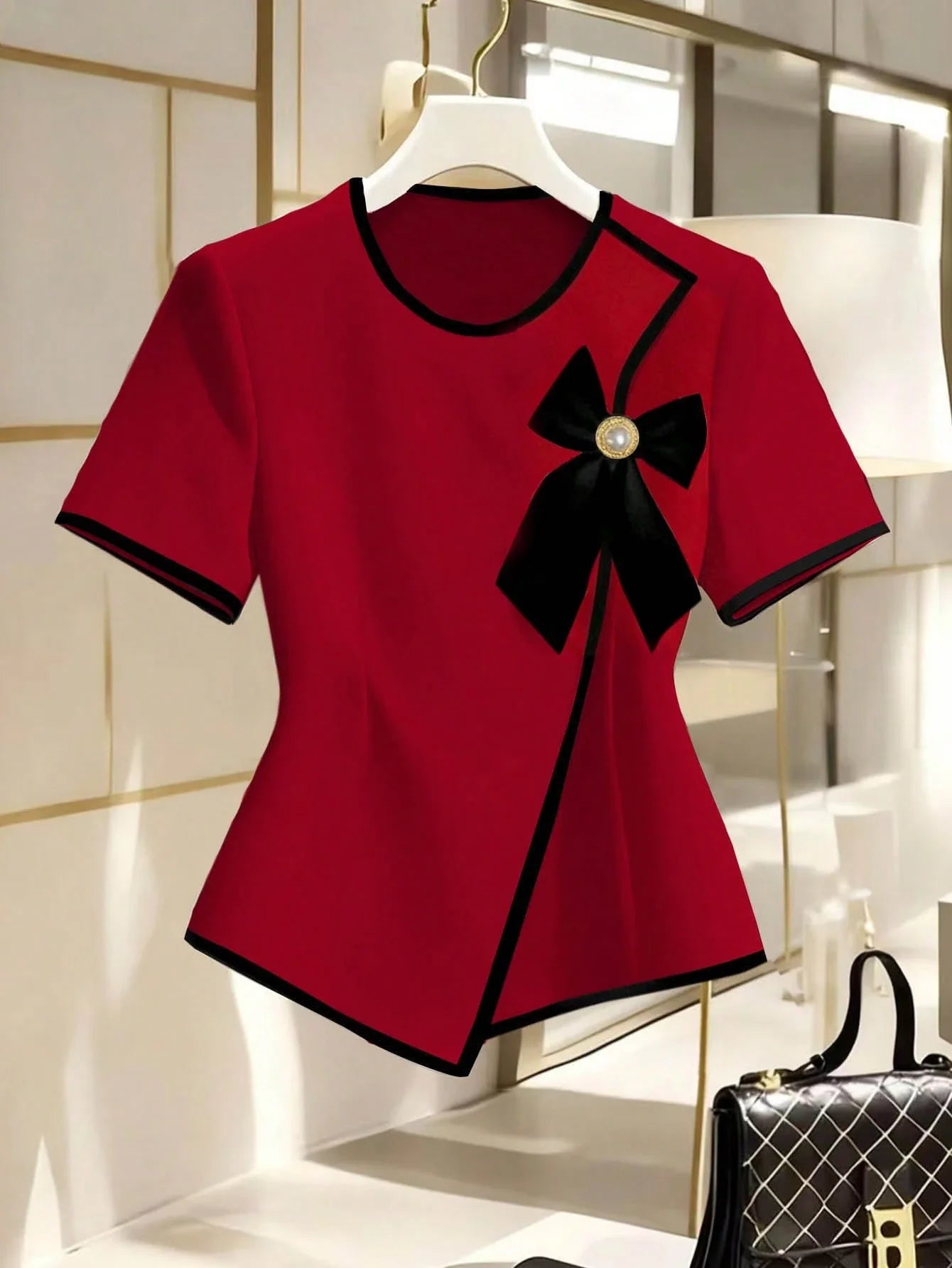 Women's New Elegant Bow Collar Short Sleeve Blouse shein