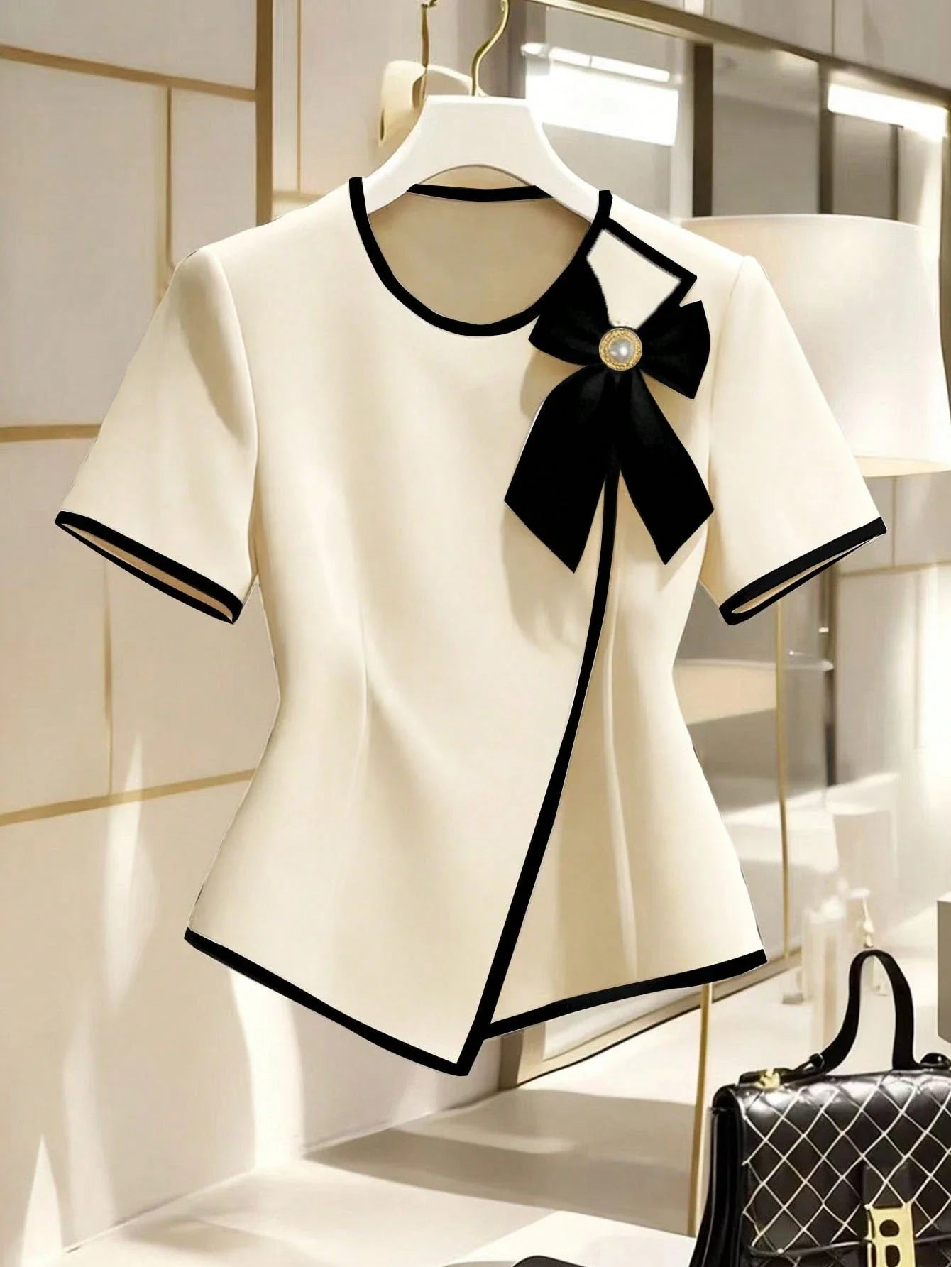 Women's New Elegant Bow Collar Short Sleeve Blouse shein
