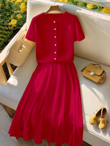 Women Elegant Cardigan Short Sleeve Outfit Set