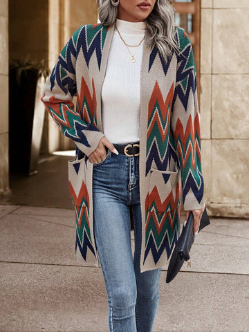 Frenchy Chevron Pattern Dual Pocket Drop Shoulder Open Front Cardigan shein