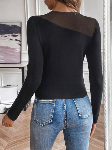 Frenchy Contrast Mesh Ribbed Knit Sweater shein