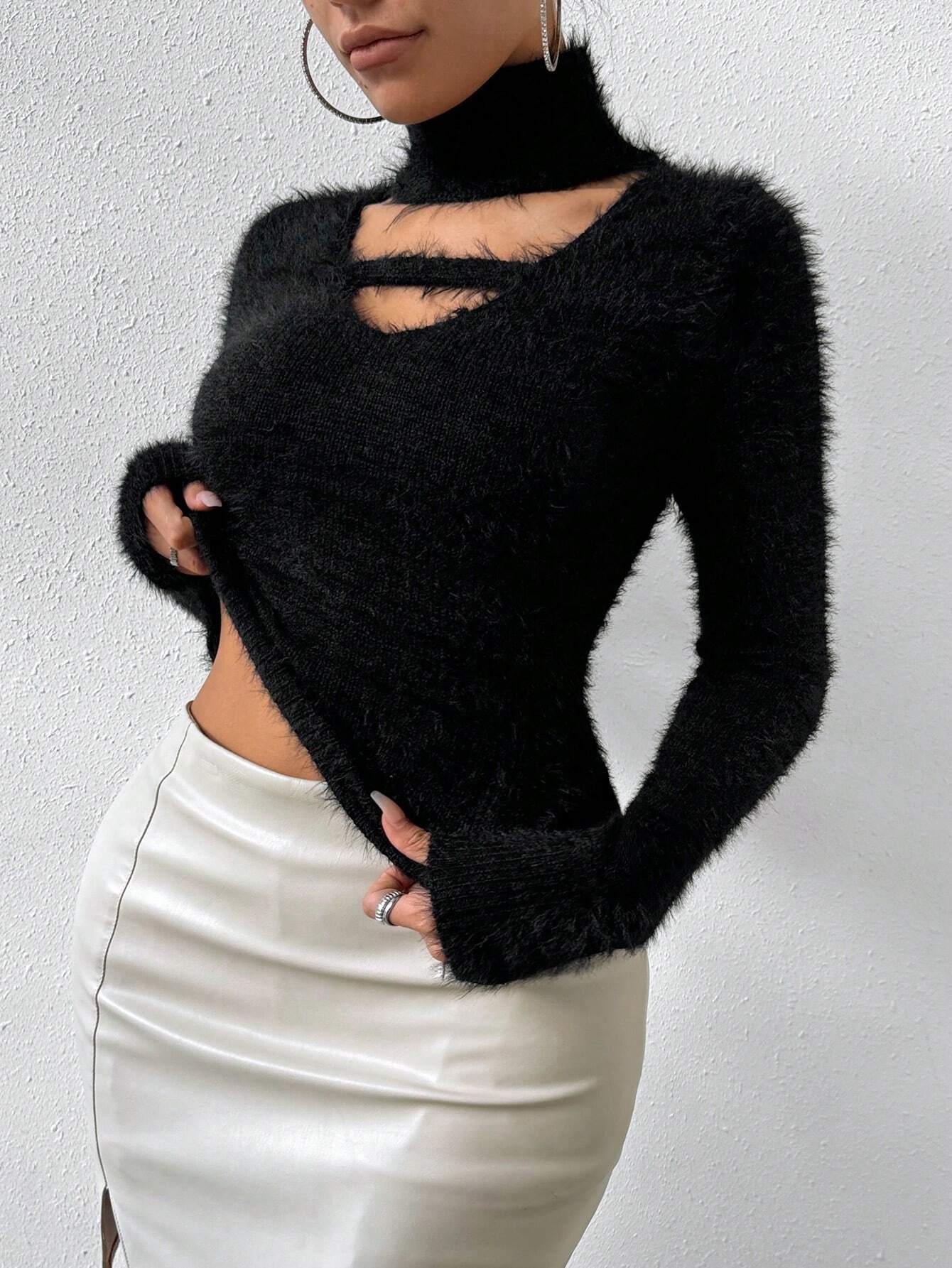 Frenchy Cutout Turtleneck Mohair Sweater shein