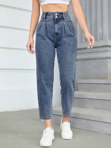 Frenchy High Waist Fold Pleated Mom Fit Jeans shein