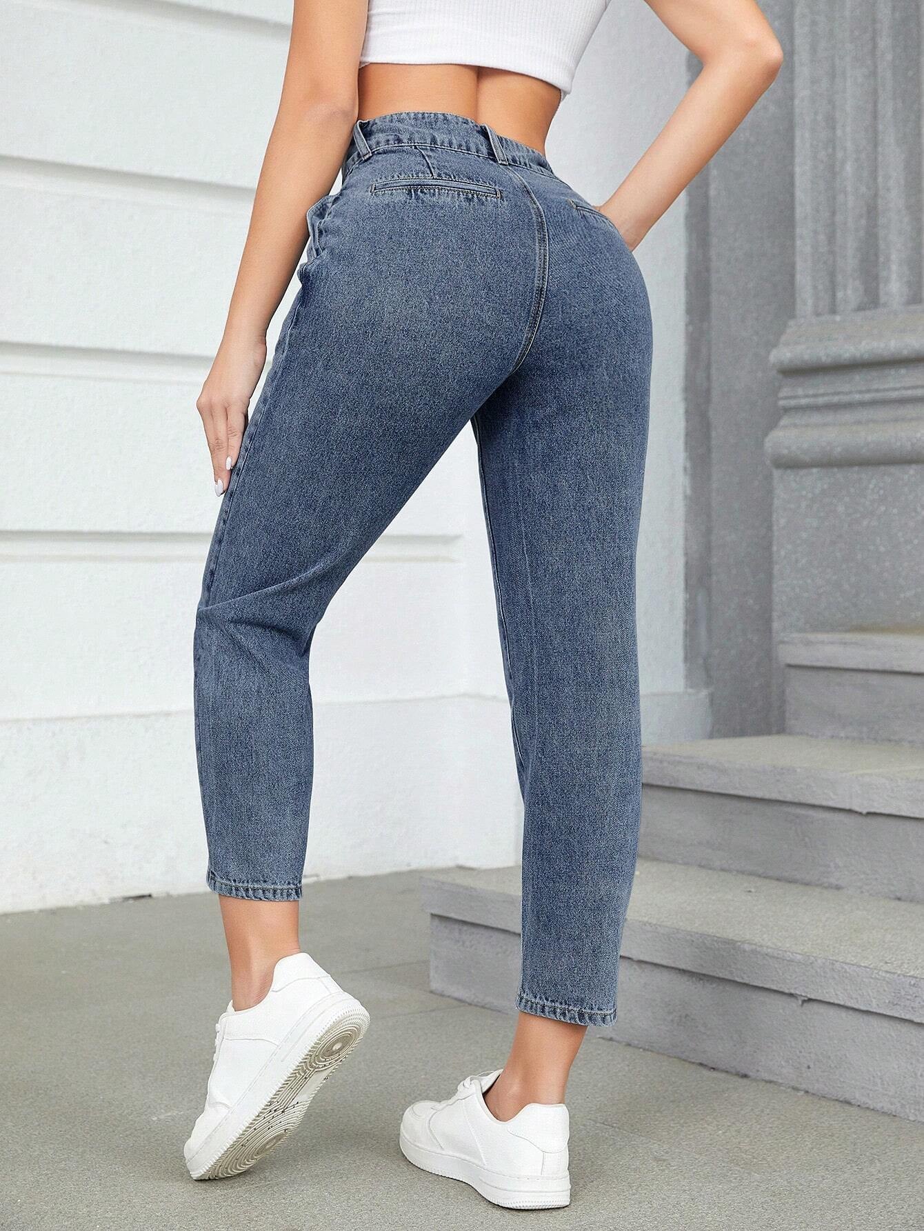 Frenchy High Waist Fold Pleated Mom Fit Jeans shein