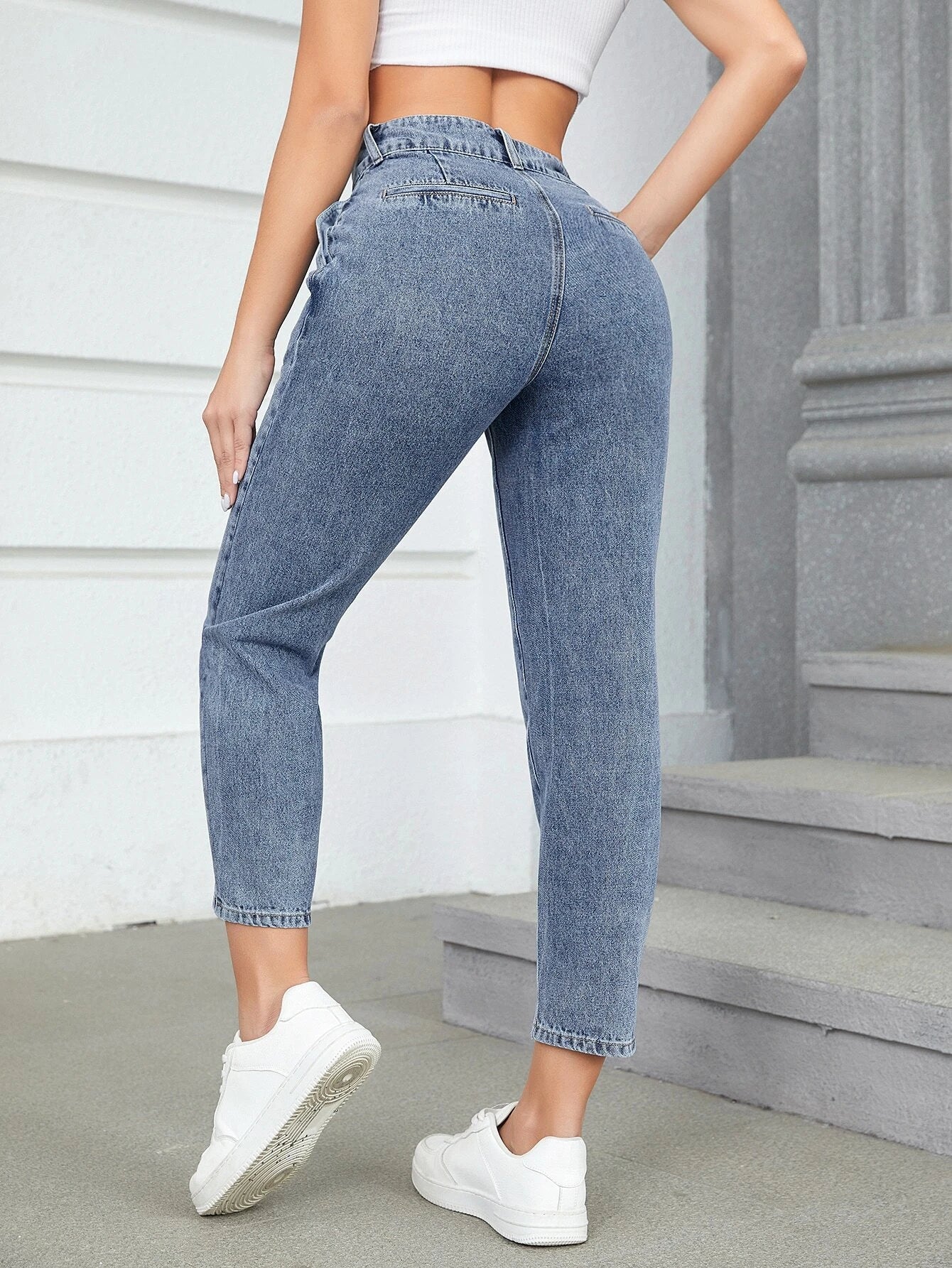 Frenchy High Waist Fold Pleated Mom Fit Jeans shein