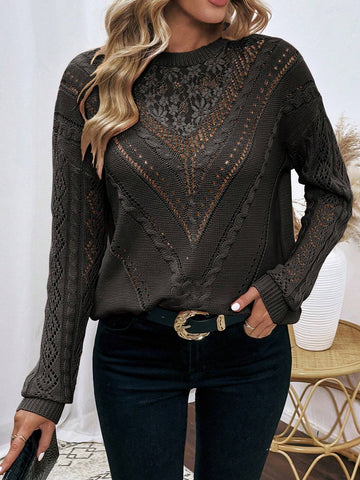 Frenchy Lace Panel Drop Shoulder Sweater shein