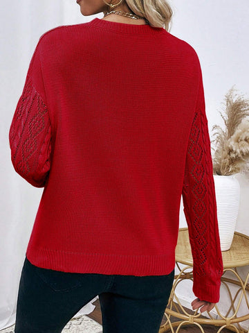 Frenchy Lace Panel Drop Shoulder Sweater shein