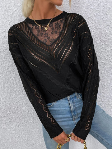 Frenchy Lace Panel Drop Shoulder Sweater shein