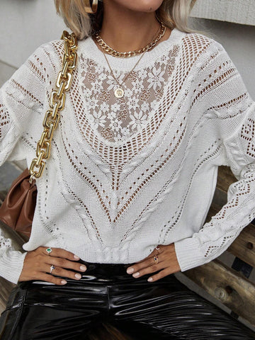 Frenchy Lace Panel Drop Shoulder Sweater shein