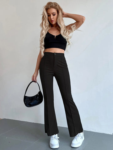 Frenchy Seam Front High Waist Flare Leg Pants shein