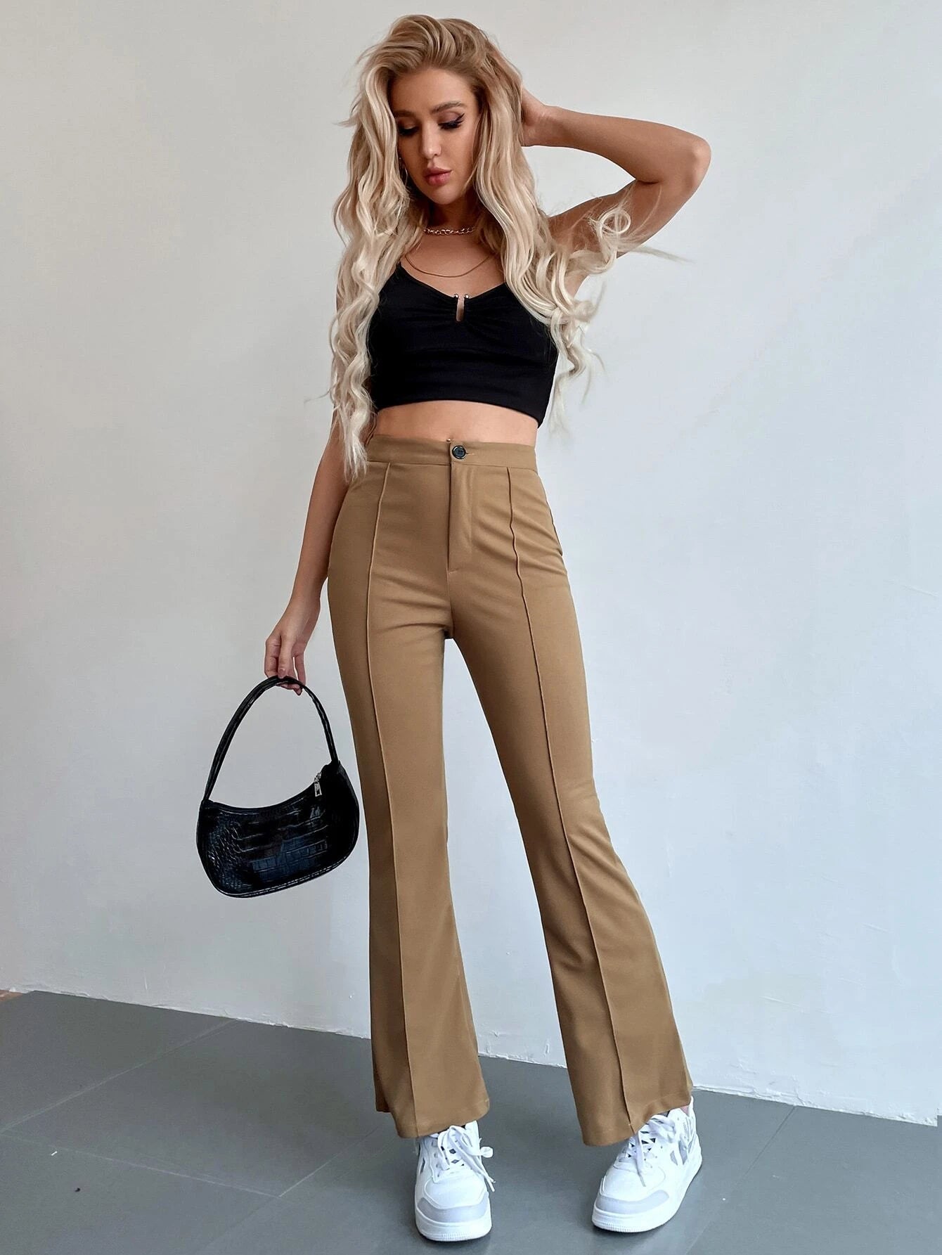 Frenchy Seam Front High Waist Flare Leg Pants shein