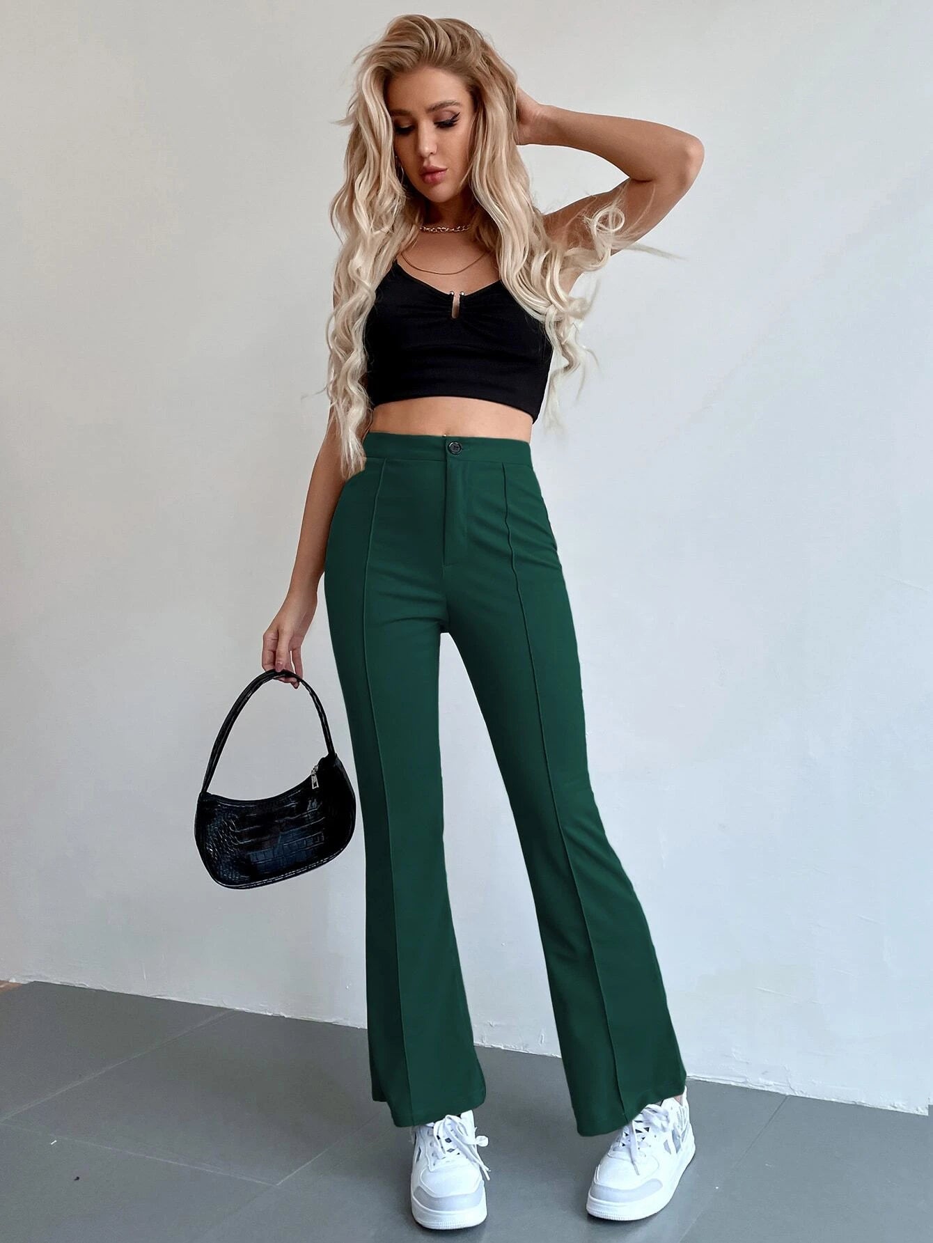 Frenchy Seam Front High Waist Flare Leg Pants shein