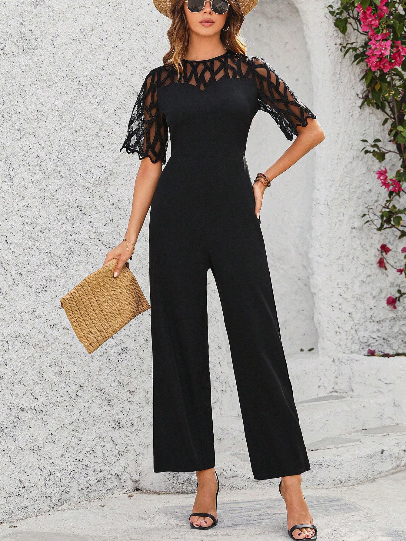 Frenchy Solid Color Mesh Splicing Medium Sleeve Jumpsuit shein