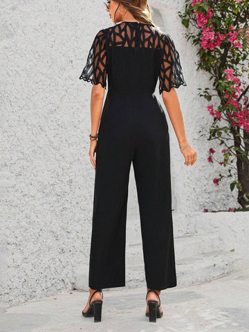 Frenchy Solid Color Mesh Splicing Medium Sleeve Jumpsuit shein