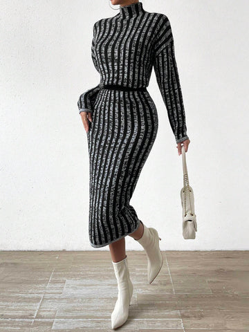 Frenchy Striped Pattern Drop Shoulder Sweater & Knit Skirt shein