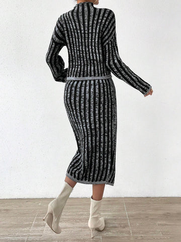 Frenchy Striped Pattern Drop Shoulder Sweater & Knit Skirt shein