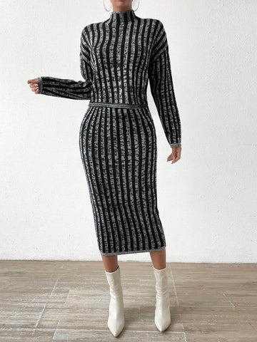 Frenchy Striped Pattern Drop Shoulder Sweater & Knit Skirt shein