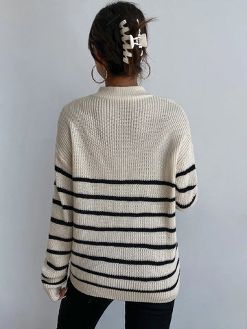 Frenchy Striped Pattern Half Zip Drop Shoulder Sweater shein