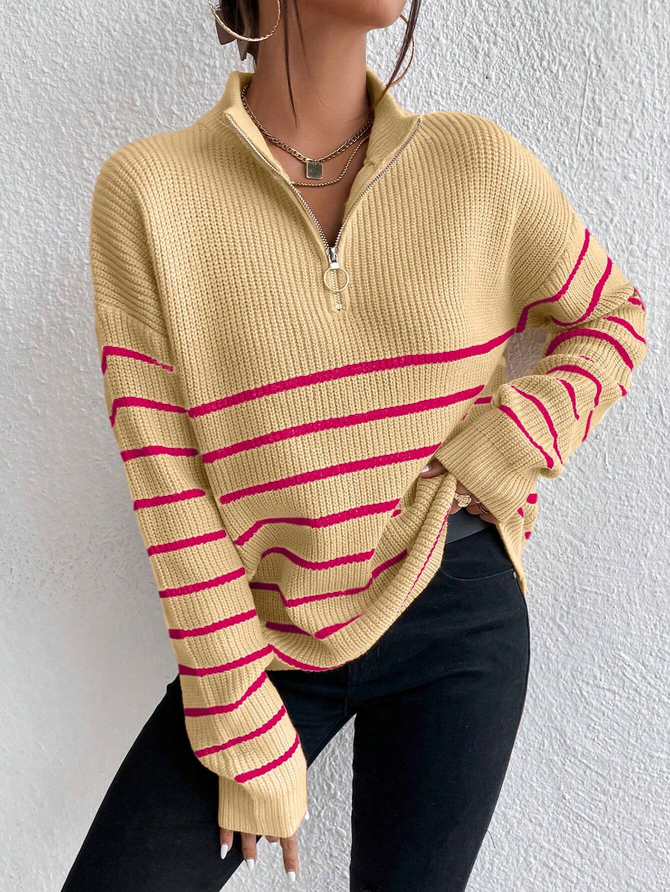 Frenchy Striped Pattern Half Zip Drop Shoulder Sweater shein