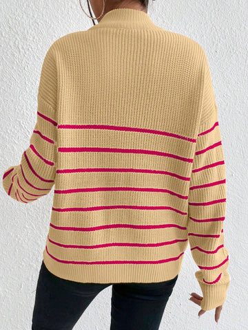 Frenchy Striped Pattern Half Zip Drop Shoulder Sweater shein