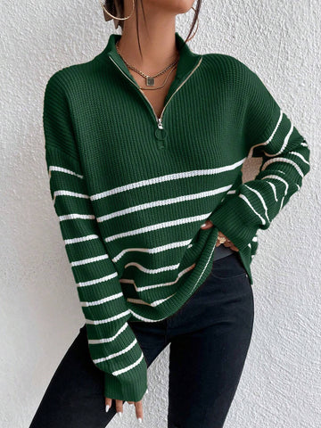 Frenchy Striped Pattern Half Zip Drop Shoulder Sweater shein