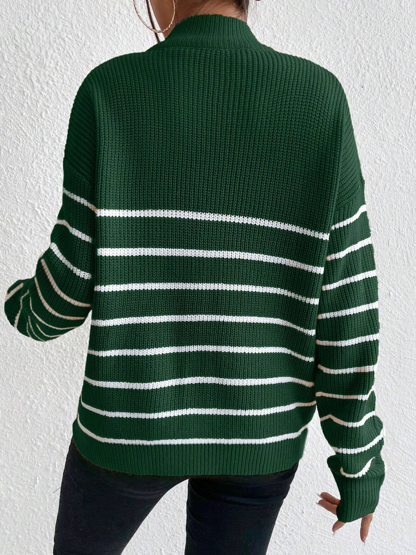 Frenchy Striped Pattern Half Zip Drop Shoulder Sweater shein