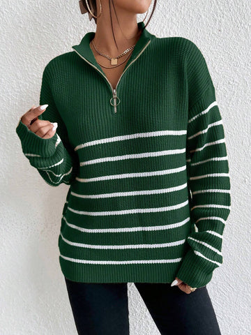 Frenchy Striped Pattern Half Zip Drop Shoulder Sweater shein