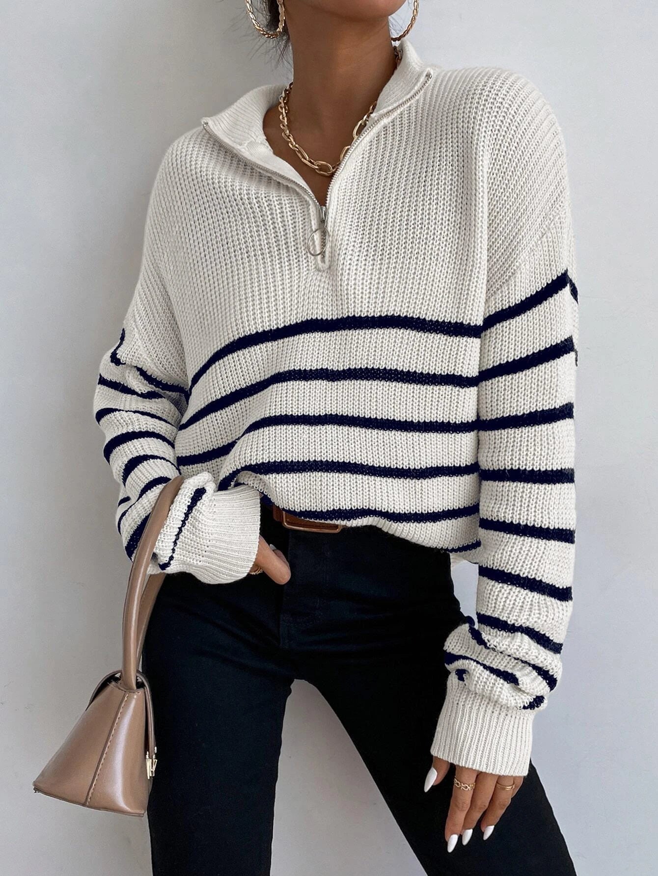 Frenchy Striped Pattern Half Zip Drop Shoulder Sweater shein