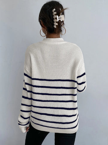 Frenchy Striped Pattern Half Zip Drop Shoulder Sweater shein