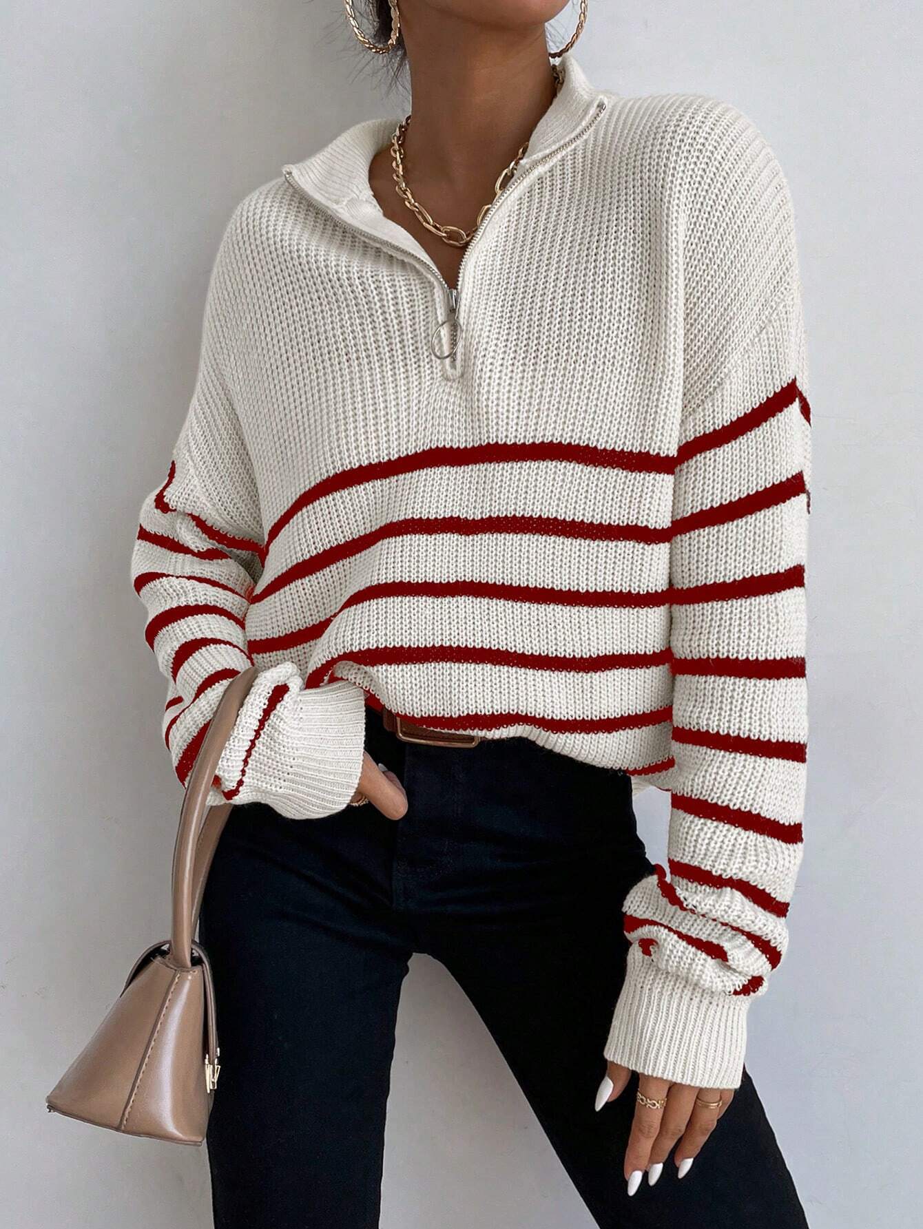 Frenchy Striped Pattern Half Zip Drop Shoulder Sweater shein