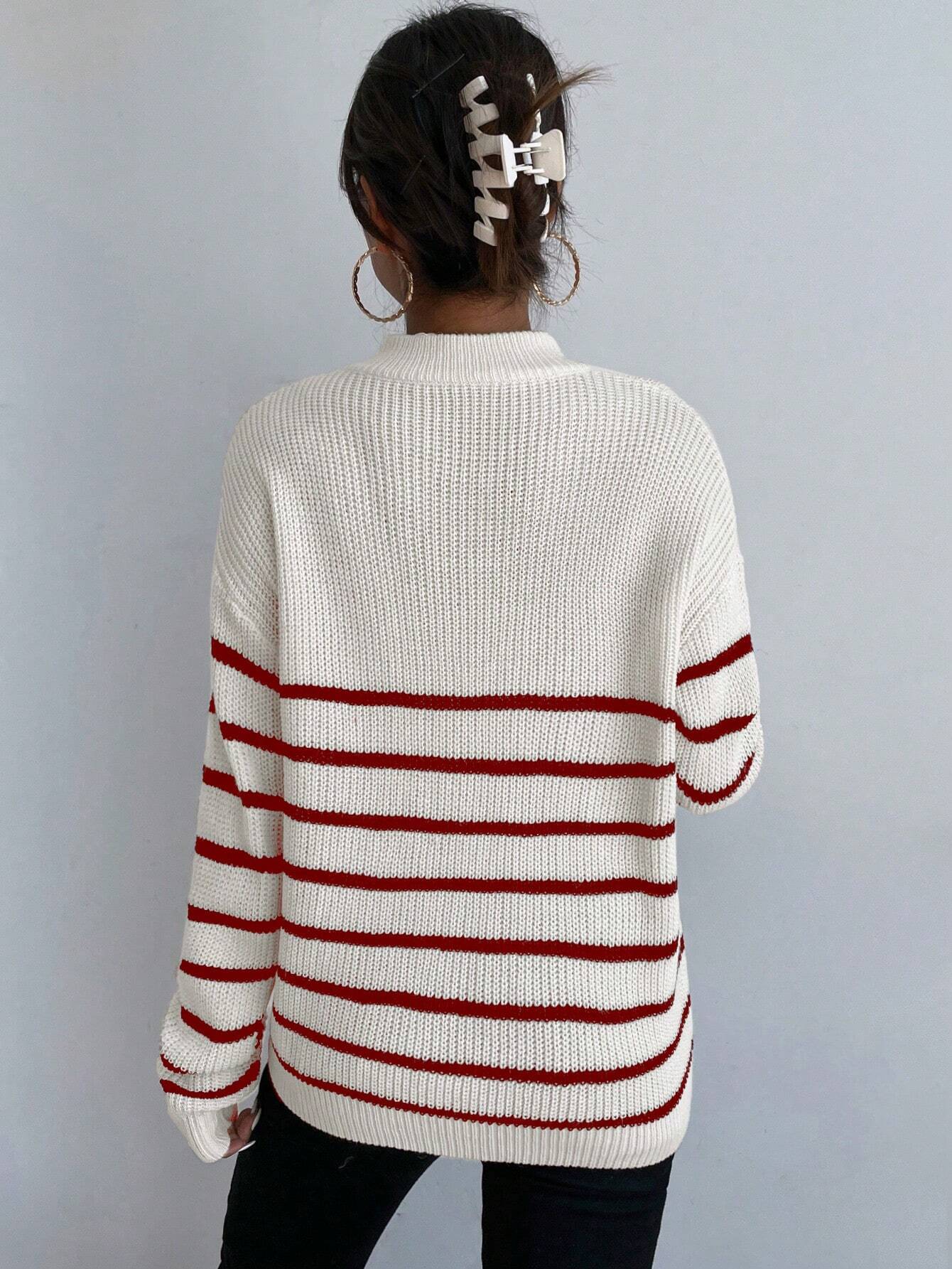 Frenchy Striped Pattern Half Zip Drop Shoulder Sweater shein