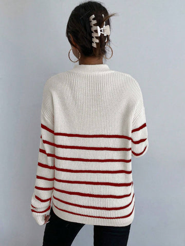 Frenchy Striped Pattern Half Zip Drop Shoulder Sweater shein